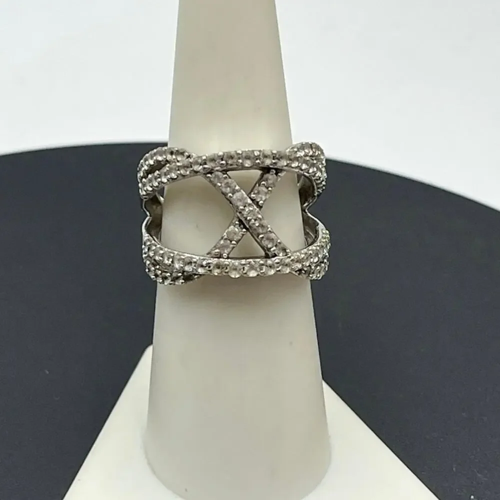 JWBR Sterling Silver White Sapphire Crossover Ring Sz 7.25 Pave Setting 6.6g